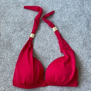 Venus red halter bathing suit top with gold accent